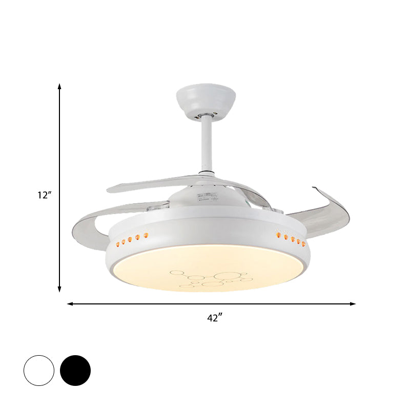 42" Wide LED Round Semi Flush Mount Simple Black/White Finish Metal 3 Clear Blades Hanging Fan Light with Acrylic Shade Clearhalo 'Ceiling Fans with Lights' 'Ceiling Fans' 'Modern Ceiling Fans' 'Modern' Lighting' 403656