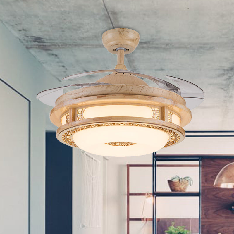 42" Wide LED Frame Semi Flush Light Fixture Modernist Beige Wood 4 Blades Hanging Pendant Fan Lamp for Restaurant Wood Clearhalo 'Ceiling Fans with Lights' 'Ceiling Fans' 'Modern Ceiling Fans' 'Modern' Lighting' 403675