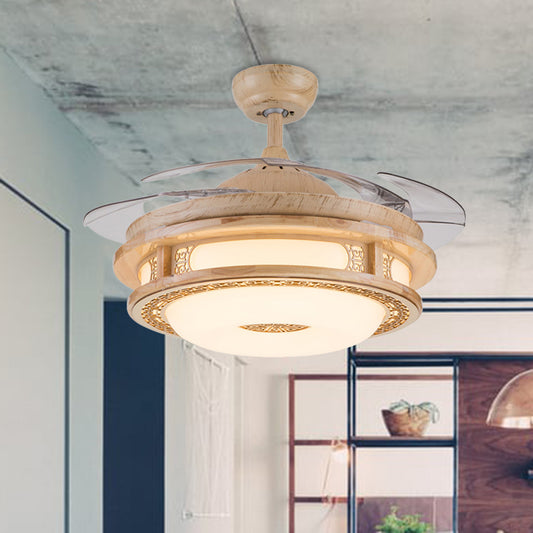 42" Wide LED Frame Semi Flush Light Fixture Modernist Beige Wood 4 Blades Hanging Pendant Fan Lamp for Restaurant Wood Clearhalo 'Ceiling Fans with Lights' 'Ceiling Fans' 'Modern Ceiling Fans' 'Modern' Lighting' 403675