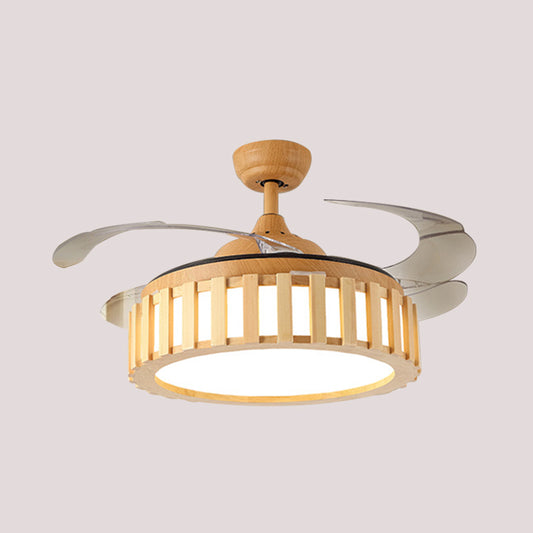 Beige 42" W LED Semi Flush Ceiling Lamp Modern Wood Drum Frame 3 Clear Blades Hanging Pendant Fan Light with Wall/Remote Control Wood Clearhalo 'Ceiling Fans with Lights' 'Ceiling Fans' 'Modern Ceiling Fans' 'Modern' Lighting' 403680