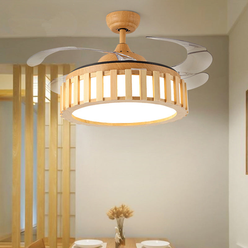 Beige 42" W LED Semi Flush Ceiling Lamp Modern Wood Drum Frame 3 Clear Blades Hanging Pendant Fan Light with Wall/Remote Control Clearhalo 'Ceiling Fans with Lights' 'Ceiling Fans' 'Modern Ceiling Fans' 'Modern' Lighting' 403681