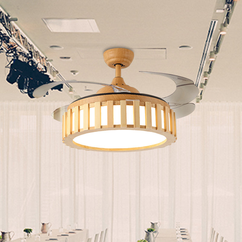 Beige 42" W LED Semi Flush Ceiling Lamp Modern Wood Drum Frame 3 Clear Blades Hanging Pendant Fan Light with Wall/Remote Control Clearhalo 'Ceiling Fans with Lights' 'Ceiling Fans' 'Modern Ceiling Fans' 'Modern' Lighting' 403682