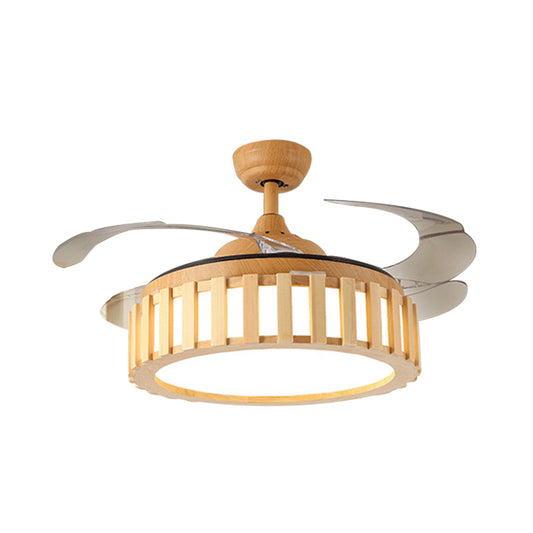 Beige 42" W LED Semi Flush Ceiling Lamp Modern Wood Drum Frame 3 Clear Blades Hanging Pendant Fan Light with Wall/Remote Control Clearhalo 'Ceiling Fans with Lights' 'Ceiling Fans' 'Modern Ceiling Fans' 'Modern' Lighting' 403683