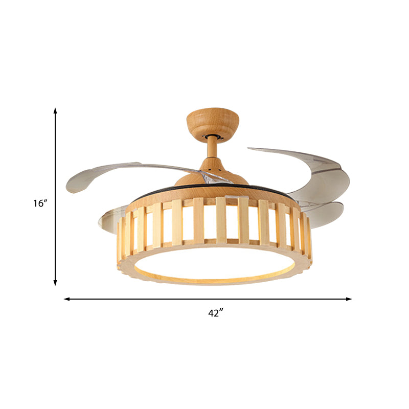 Beige 42" W LED Semi Flush Ceiling Lamp Modern Wood Drum Frame 3 Clear Blades Hanging Pendant Fan Light with Wall/Remote Control Clearhalo 'Ceiling Fans with Lights' 'Ceiling Fans' 'Modern Ceiling Fans' 'Modern' Lighting' 403684