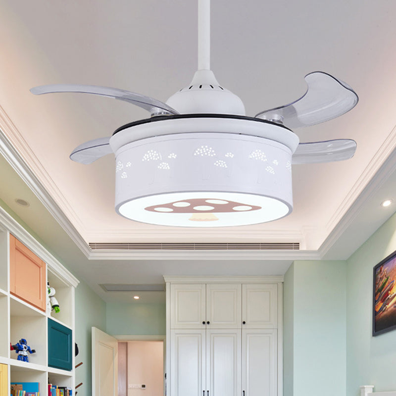 Drum 4 Blades Ceiling Fan Light Kids Metal Living Room 36.5" Wide LED Semi Flush Lamp in White with Mushroom Pattern, Wall/Remote Control White Clearhalo 'Ceiling Fans with Lights' 'Ceiling Fans' 'Kids Ceiling Fans' 'Kids' Lighting' 403707