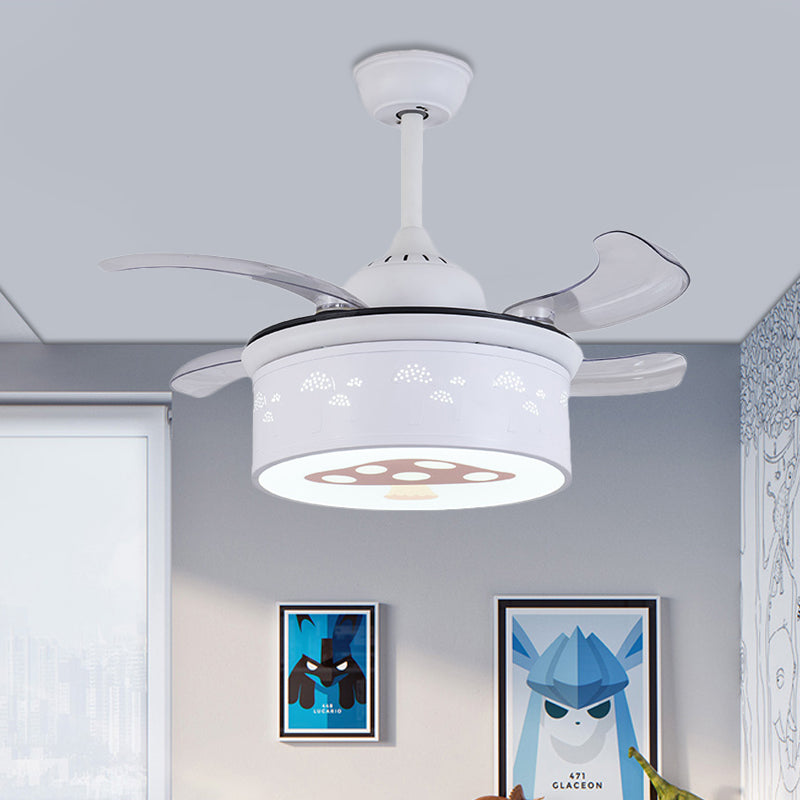 Drum 4 Blades Ceiling Fan Light Kids Metal Living Room 36.5" Wide LED Semi Flush Lamp in White with Mushroom Pattern, Wall/Remote Control Clearhalo 'Ceiling Fans with Lights' 'Ceiling Fans' 'Kids Ceiling Fans' 'Kids' Lighting' 403708