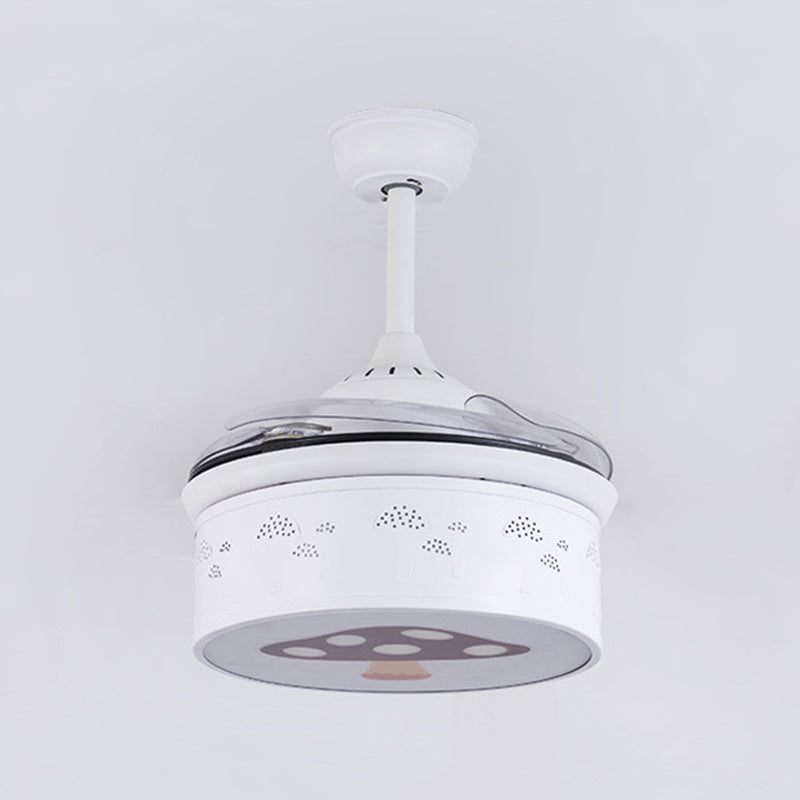 Drum 4 Blades Ceiling Fan Light Kids Metal Living Room 36.5" Wide LED Semi Flush Lamp in White with Mushroom Pattern, Wall/Remote Control Clearhalo 'Ceiling Fans with Lights' 'Ceiling Fans' 'Kids Ceiling Fans' 'Kids' Lighting' 403710