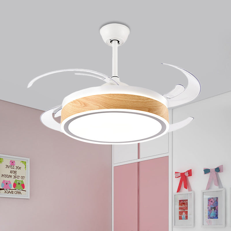 Metal Round Hanging Fan Light Simple Modern 4 Blades LED Semi Flush Mounted Lamp in Grey/Pink/Blue for Dining Room, 47" Wide Wood Clearhalo 'Ceiling Fans with Lights' 'Ceiling Fans' 'Kids Ceiling Fans' 'Kids' Lighting' 403717
