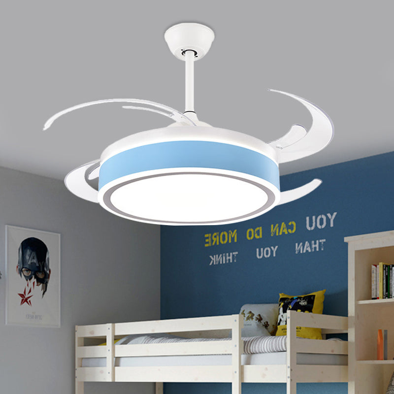 Metal Round Hanging Fan Light Simple Modern 4 Blades LED Semi Flush Mounted Lamp in Grey/Pink/Blue for Dining Room, 47" Wide Blue Clearhalo 'Ceiling Fans with Lights' 'Ceiling Fans' 'Kids Ceiling Fans' 'Kids' Lighting' 403722