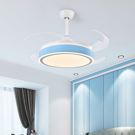 Metal Round Hanging Fan Light Simple Modern 4 Blades LED Semi Flush Mounted Lamp in Grey/Pink/Blue for Dining Room, 47" Wide Clearhalo 'Ceiling Fans with Lights' 'Ceiling Fans' 'Kids Ceiling Fans' 'Kids' Lighting' 403723