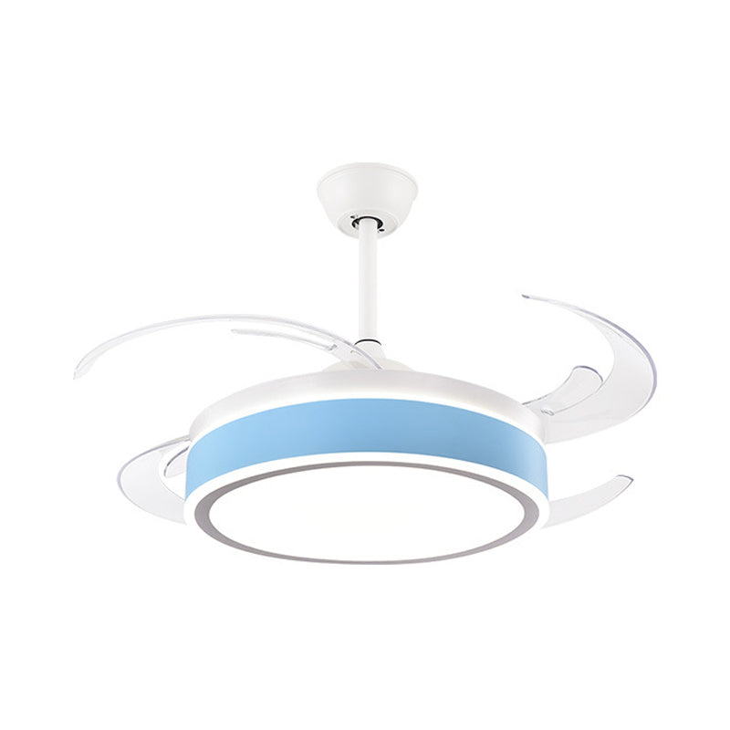 Metal Round Hanging Fan Light Simple Modern 4 Blades LED Semi Flush Mounted Lamp in Grey/Pink/Blue for Dining Room, 47" Wide Clearhalo 'Ceiling Fans with Lights' 'Ceiling Fans' 'Kids Ceiling Fans' 'Kids' Lighting' 403724