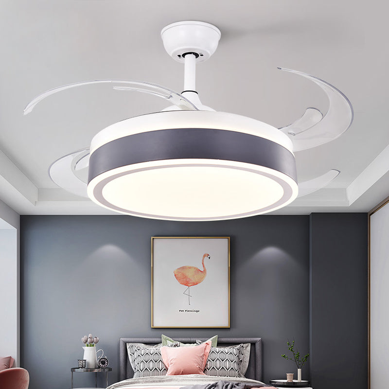 Metal Round Hanging Fan Light Simple Modern 4 Blades LED Semi Flush Mounted Lamp in Grey/Pink/Blue for Dining Room, 47" Wide Grey Clearhalo 'Ceiling Fans with Lights' 'Ceiling Fans' 'Kids Ceiling Fans' 'Kids' Lighting' 403725