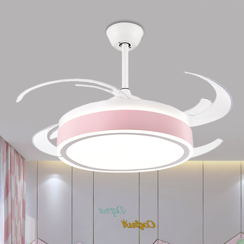 Metal Round Hanging Fan Light Simple Modern 4 Blades LED Semi Flush Mounted Lamp in Grey/Pink/Blue for Dining Room, 47" Wide Pink Clearhalo 'Ceiling Fans with Lights' 'Ceiling Fans' 'Kids Ceiling Fans' 'Kids' Lighting' 403728