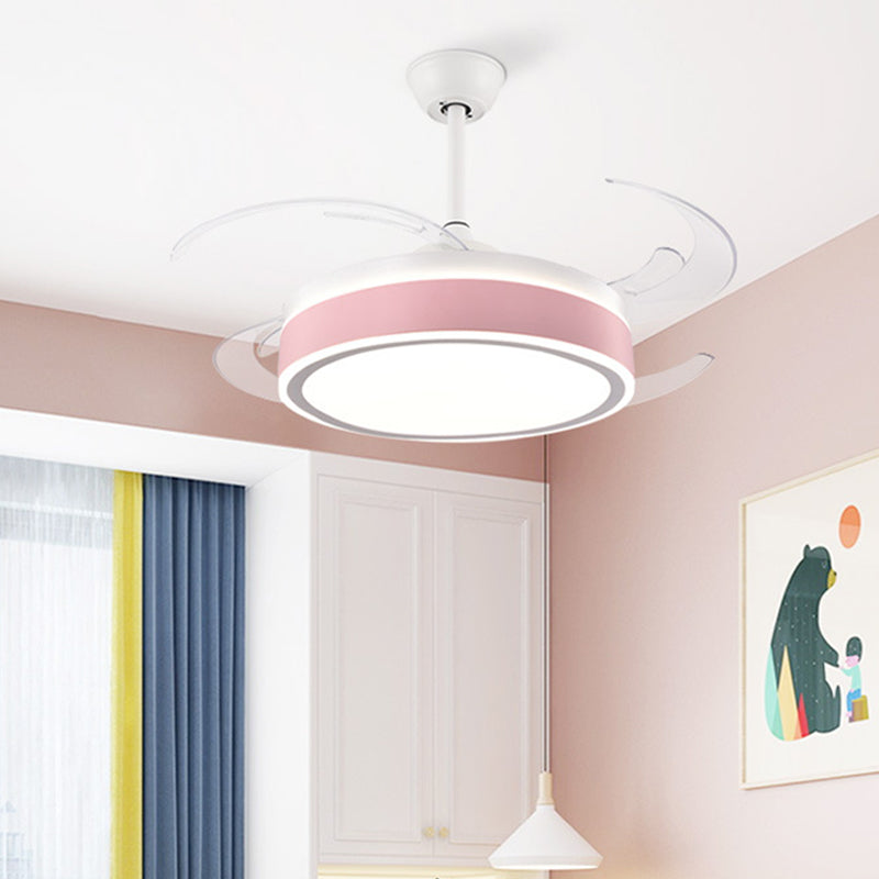 Metal Round Hanging Fan Light Simple Modern 4 Blades LED Semi Flush Mounted Lamp in Grey/Pink/Blue for Dining Room, 47" Wide Clearhalo 'Ceiling Fans with Lights' 'Ceiling Fans' 'Kids Ceiling Fans' 'Kids' Lighting' 403729
