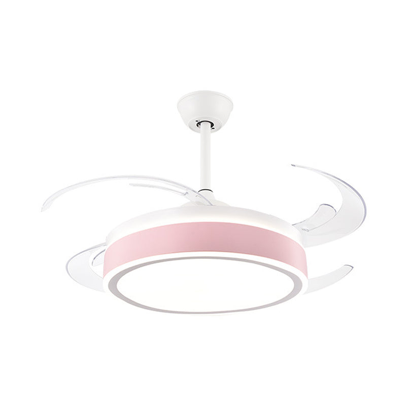 Metal Round Hanging Fan Light Simple Modern 4 Blades LED Semi Flush Mounted Lamp in Grey/Pink/Blue for Dining Room, 47" Wide Clearhalo 'Ceiling Fans with Lights' 'Ceiling Fans' 'Kids Ceiling Fans' 'Kids' Lighting' 403730