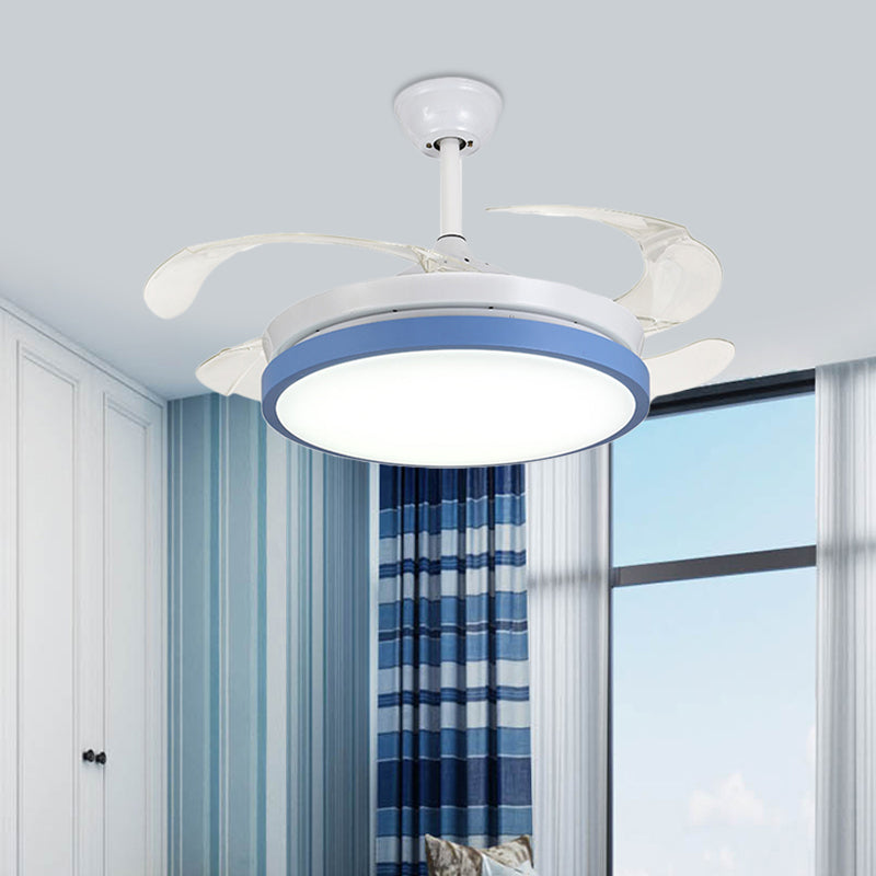 Circular Acrylic Semi Flush Ceiling Lamp Modern Pink/Blue/Yellow 42.5" W LED Hanging Pendant Fan Light for Bedroom with 4 Clear Blades Blue Clearhalo 'Ceiling Fans with Lights' 'Ceiling Fans' 'Kids Ceiling Fans' 'Kids' Lighting' 403731