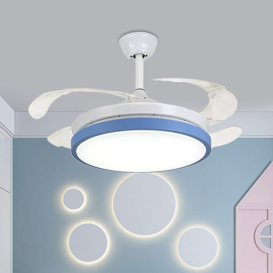 Circular Acrylic Semi Flush Ceiling Lamp Modern Pink/Blue/Yellow 42.5" W LED Hanging Pendant Fan Light for Bedroom with 4 Clear Blades Clearhalo 'Ceiling Fans with Lights' 'Ceiling Fans' 'Kids Ceiling Fans' 'Kids' Lighting' 403732