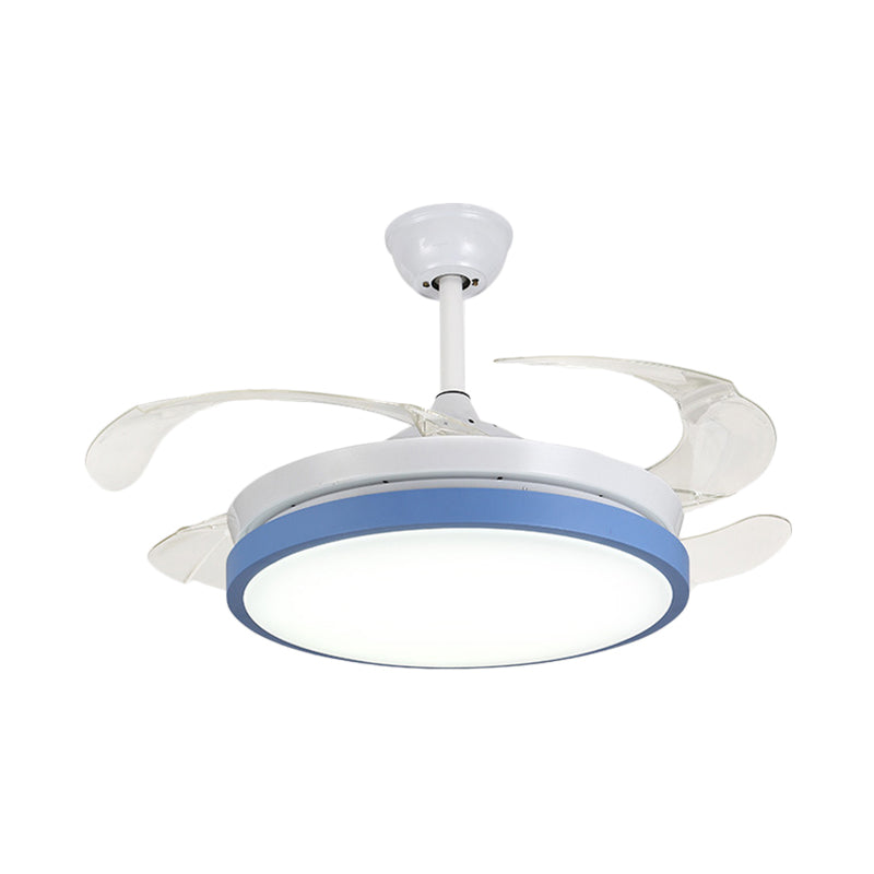 Circular Acrylic Semi Flush Ceiling Lamp Modern Pink/Blue/Yellow 42.5" W LED Hanging Pendant Fan Light for Bedroom with 4 Clear Blades Clearhalo 'Ceiling Fans with Lights' 'Ceiling Fans' 'Kids Ceiling Fans' 'Kids' Lighting' 403733