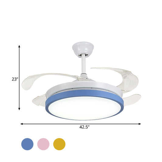 Circular Acrylic Semi Flush Ceiling Lamp Modern Pink/Blue/Yellow 42.5" W LED Hanging Pendant Fan Light for Bedroom with 4 Clear Blades Clearhalo 'Ceiling Fans with Lights' 'Ceiling Fans' 'Kids Ceiling Fans' 'Kids' Lighting' 403735
