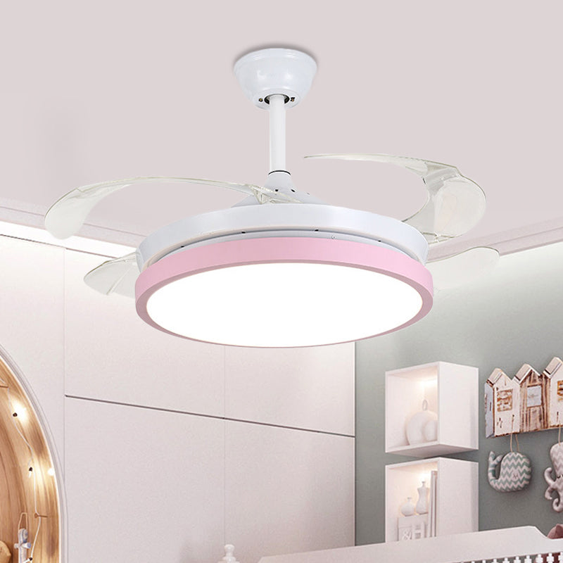 Circular Acrylic Semi Flush Ceiling Lamp Modern Pink/Blue/Yellow 42.5" W LED Hanging Pendant Fan Light for Bedroom with 4 Clear Blades Pink Clearhalo 'Ceiling Fans with Lights' 'Ceiling Fans' 'Kids Ceiling Fans' 'Kids' Lighting' 403736