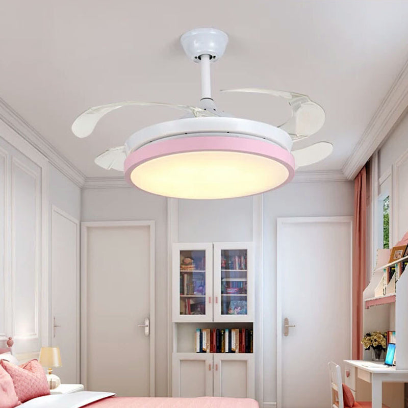 Circular Acrylic Semi Flush Ceiling Lamp Modern Pink/Blue/Yellow 42.5" W LED Hanging Pendant Fan Light for Bedroom with 4 Clear Blades Clearhalo 'Ceiling Fans with Lights' 'Ceiling Fans' 'Kids Ceiling Fans' 'Kids' Lighting' 403737