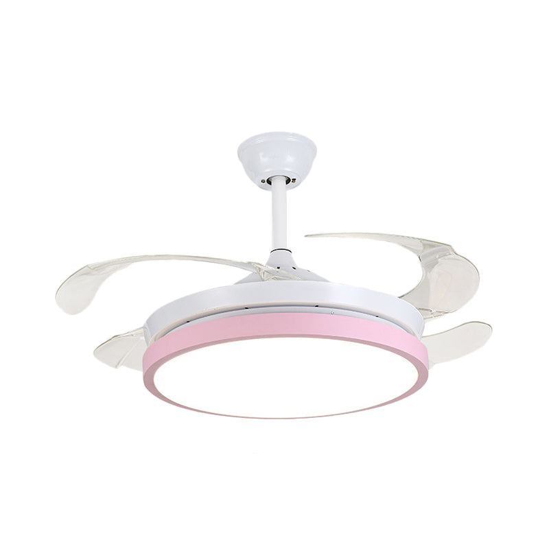 Circular Acrylic Semi Flush Ceiling Lamp Modern Pink/Blue/Yellow 42.5" W LED Hanging Pendant Fan Light for Bedroom with 4 Clear Blades Clearhalo 'Ceiling Fans with Lights' 'Ceiling Fans' 'Kids Ceiling Fans' 'Kids' Lighting' 403738