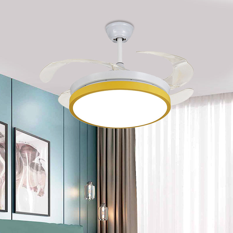 Circular Acrylic Semi Flush Ceiling Lamp Modern Pink/Blue/Yellow 42.5" W LED Hanging Pendant Fan Light for Bedroom with 4 Clear Blades Clearhalo 'Ceiling Fans with Lights' 'Ceiling Fans' 'Kids Ceiling Fans' 'Kids' Lighting' 403740