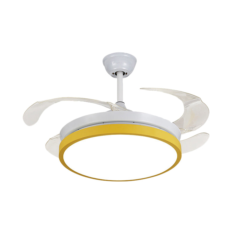 Circular Acrylic Semi Flush Ceiling Lamp Modern Pink/Blue/Yellow 42.5" W LED Hanging Pendant Fan Light for Bedroom with 4 Clear Blades Clearhalo 'Ceiling Fans with Lights' 'Ceiling Fans' 'Kids Ceiling Fans' 'Kids' Lighting' 403741