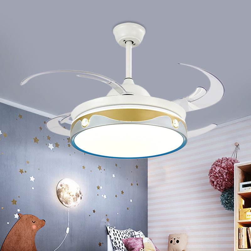 47" W LED Bedroom Semi Flush Light Modernist White 4 Clear Blades Ceiling Fan Lamp with Round Acrylic Shade White Clearhalo 'Ceiling Fans with Lights' 'Ceiling Fans' 'Kids Ceiling Fans' 'Kids' Lighting' 403742