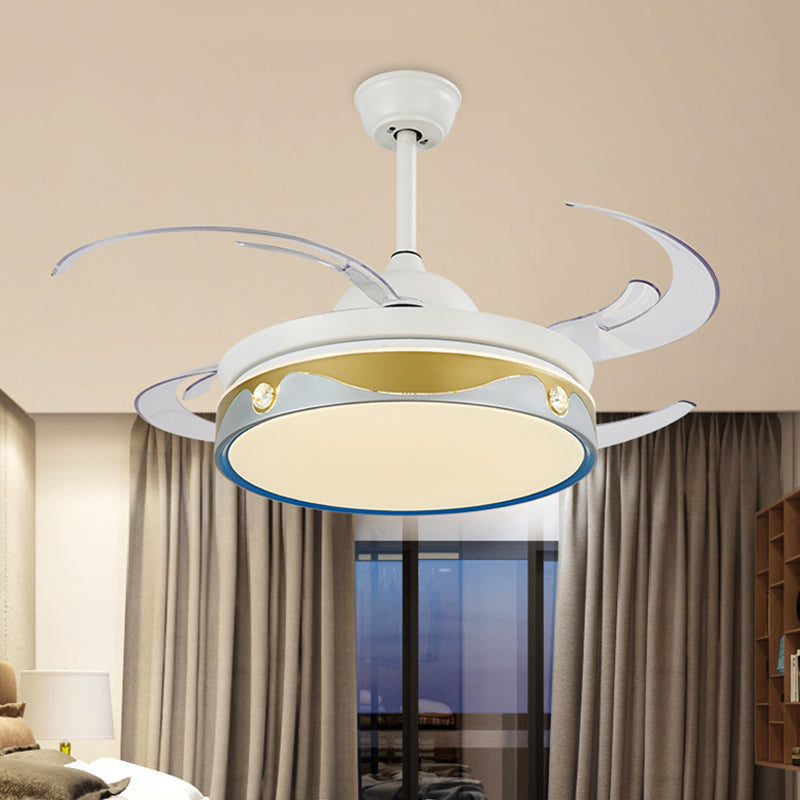 47" W LED Bedroom Semi Flush Light Modernist White 4 Clear Blades Ceiling Fan Lamp with Round Acrylic Shade Clearhalo 'Ceiling Fans with Lights' 'Ceiling Fans' 'Kids Ceiling Fans' 'Kids' Lighting' 403743