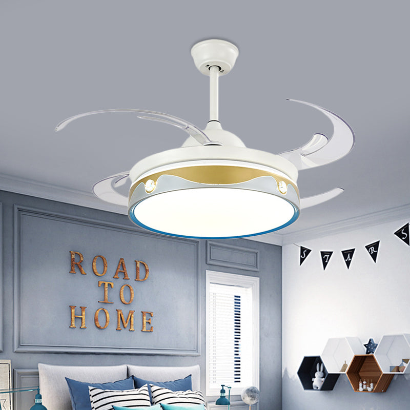 47" W LED Bedroom Semi Flush Light Modernist White 4 Clear Blades Ceiling Fan Lamp with Round Acrylic Shade Clearhalo 'Ceiling Fans with Lights' 'Ceiling Fans' 'Kids Ceiling Fans' 'Kids' Lighting' 403744