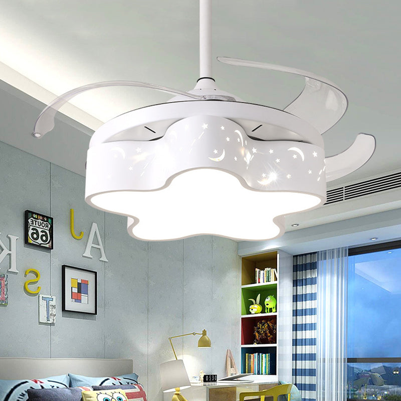 Star Shape Bedroom Pendant Fan Lighting Metal Nordic Kids 4 Clear Blades LED Semi Flushmount in White/Pink/Blue, 66" Wide White Clearhalo 'Ceiling Fans with Lights' 'Ceiling Fans' 'Kids Ceiling Fans' 'Kids' Lighting' 403755