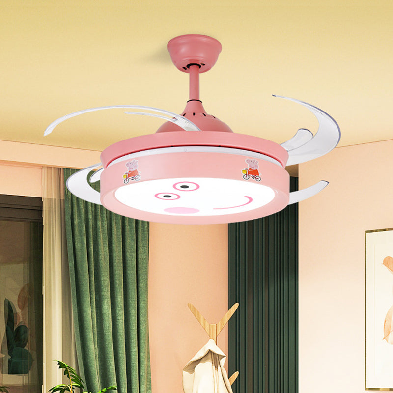 Pink Round 4 Blades Semi Flush Mount Light Kids LED Metallic Hanging Fan Lamp Fixture with Cartoon Pig Pattern, 47" W Pink Clearhalo 'Ceiling Fans with Lights' 'Ceiling Fans' 'Kids Ceiling Fans' 'Kids' Lighting' 403758