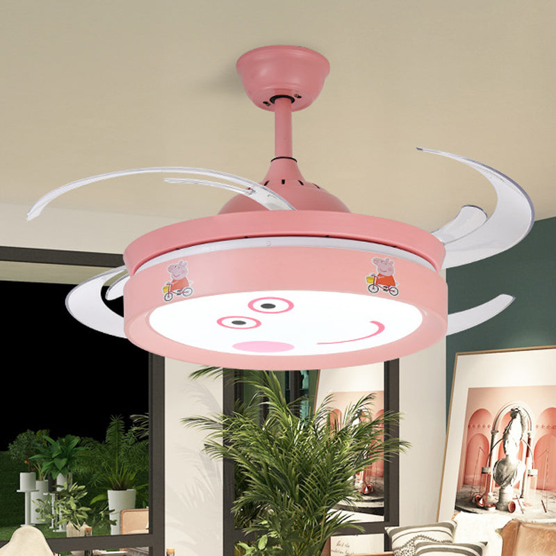 Pink Round 4 Blades Semi Flush Mount Light Kids LED Metallic Hanging Fan Lamp Fixture with Cartoon Pig Pattern, 47" W Clearhalo 'Ceiling Fans with Lights' 'Ceiling Fans' 'Kids Ceiling Fans' 'Kids' Lighting' 403759
