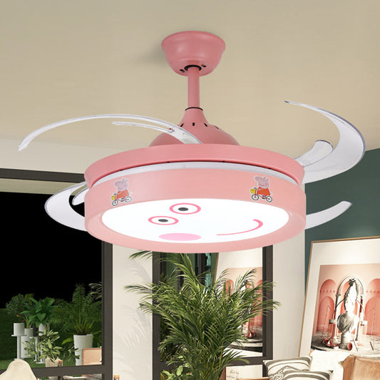 Pink Round 4 Blades Semi Flush Mount Light Kids LED Metallic Hanging Fan Lamp Fixture with Cartoon Pig Pattern, 47" W Clearhalo 'Ceiling Fans with Lights' 'Ceiling Fans' 'Kids Ceiling Fans' 'Kids' Lighting' 403759