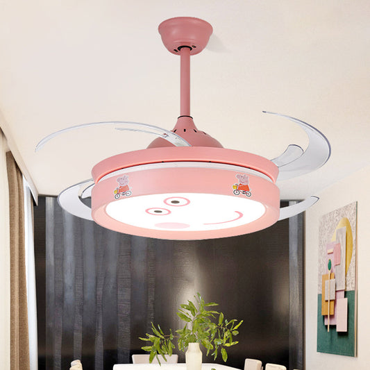 Pink Round 4 Blades Semi Flush Mount Light Kids LED Metallic Hanging Fan Lamp Fixture with Cartoon Pig Pattern, 47" W Clearhalo 'Ceiling Fans with Lights' 'Ceiling Fans' 'Kids Ceiling Fans' 'Kids' Lighting' 403760