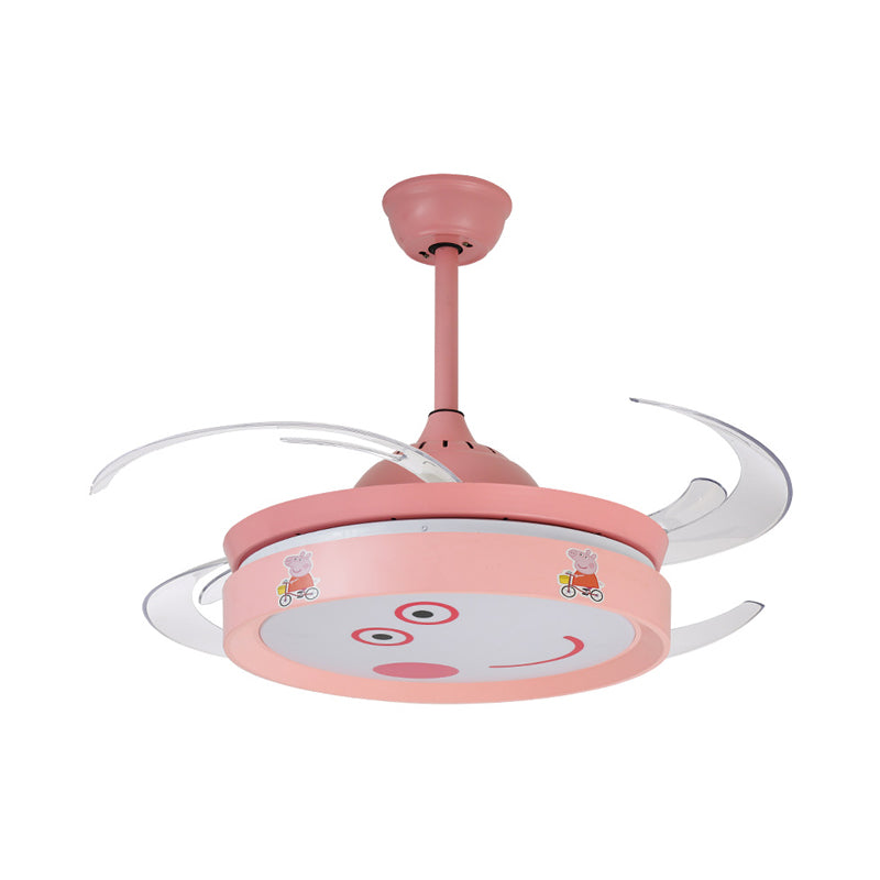 Pink Round 4 Blades Semi Flush Mount Light Kids LED Metallic Hanging Fan Lamp Fixture with Cartoon Pig Pattern, 47" W Clearhalo 'Ceiling Fans with Lights' 'Ceiling Fans' 'Kids Ceiling Fans' 'Kids' Lighting' 403761