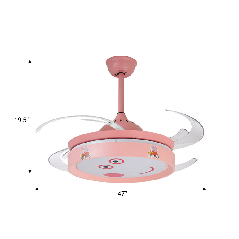 Pink Round 4 Blades Semi Flush Mount Light Kids LED Metallic Hanging Fan Lamp Fixture with Cartoon Pig Pattern, 47" W Clearhalo 'Ceiling Fans with Lights' 'Ceiling Fans' 'Kids Ceiling Fans' 'Kids' Lighting' 403762