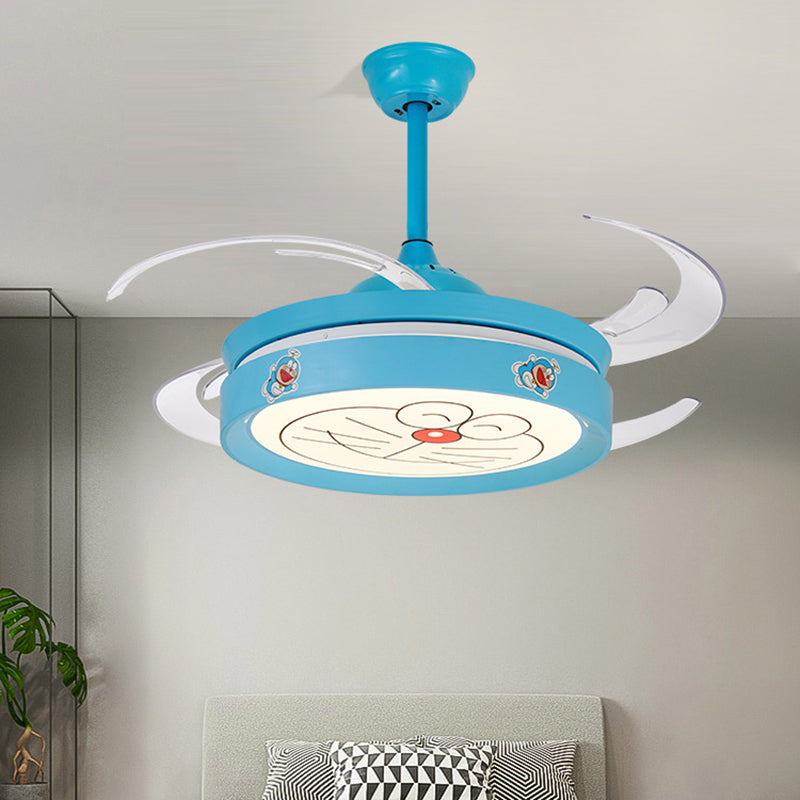 Acrylic Drum Semi Flushmount Nordic Kids 47" W LED Blue Hanging Ceiling Fan Light with Cartoon Cat Pattern for Bedroom, 4 Clear Blades Blue Clearhalo 'Ceiling Fans with Lights' 'Ceiling Fans' 'Kids Ceiling Fans' 'Kids' Lighting' 403763