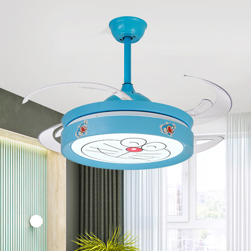 Acrylic Drum Semi Flushmount Nordic Kids 47" W LED Blue Hanging Ceiling Fan Light with Cartoon Cat Pattern for Bedroom, 4 Clear Blades Clearhalo 'Ceiling Fans with Lights' 'Ceiling Fans' 'Kids Ceiling Fans' 'Kids' Lighting' 403764