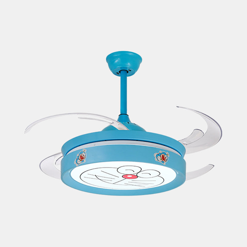 Acrylic Drum Semi Flushmount Nordic Kids 47" W LED Blue Hanging Ceiling Fan Light with Cartoon Cat Pattern for Bedroom, 4 Clear Blades Clearhalo 'Ceiling Fans with Lights' 'Ceiling Fans' 'Kids Ceiling Fans' 'Kids' Lighting' 403766
