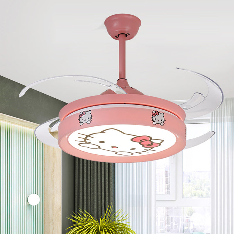 47" W Circle Pendant Ceiling Fan Light Kids Style Metal Living Room LED Semi Flush Mounted Lamp in Pink with 4 Clear Blades Pink Clearhalo 'Ceiling Fans with Lights' 'Ceiling Fans' 'Kids Ceiling Fans' 'Kids' Lighting' 403768