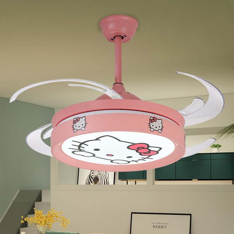 47" W Circle Pendant Ceiling Fan Light Kids Style Metal Living Room LED Semi Flush Mounted Lamp in Pink with 4 Clear Blades Clearhalo 'Ceiling Fans with Lights' 'Ceiling Fans' 'Kids Ceiling Fans' 'Kids' Lighting' 403769