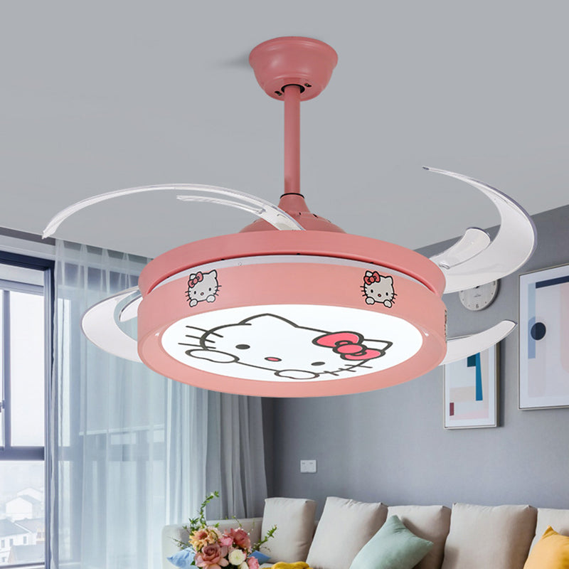 47" W Circle Pendant Ceiling Fan Light Kids Style Metal Living Room LED Semi Flush Mounted Lamp in Pink with 4 Clear Blades Clearhalo 'Ceiling Fans with Lights' 'Ceiling Fans' 'Kids Ceiling Fans' 'Kids' Lighting' 403770