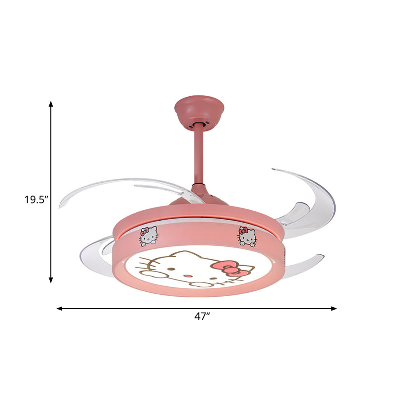 47" W Circle Pendant Ceiling Fan Light Kids Style Metal Living Room LED Semi Flush Mounted Lamp in Pink with 4 Clear Blades Clearhalo 'Ceiling Fans with Lights' 'Ceiling Fans' 'Kids Ceiling Fans' 'Kids' Lighting' 403772