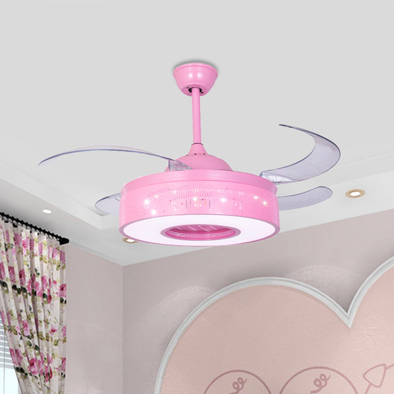 4 Blades Metallic Ring Semi Flush Lighting Modern 36" W LED Pendant Fan Lamp Fixture in Pink/Blue with Hollowed Out Design, Wall/Remote Control Pink Clearhalo 'Ceiling Fans with Lights' 'Ceiling Fans' 'Kids Ceiling Fans' 'Kids' Lighting' 403773