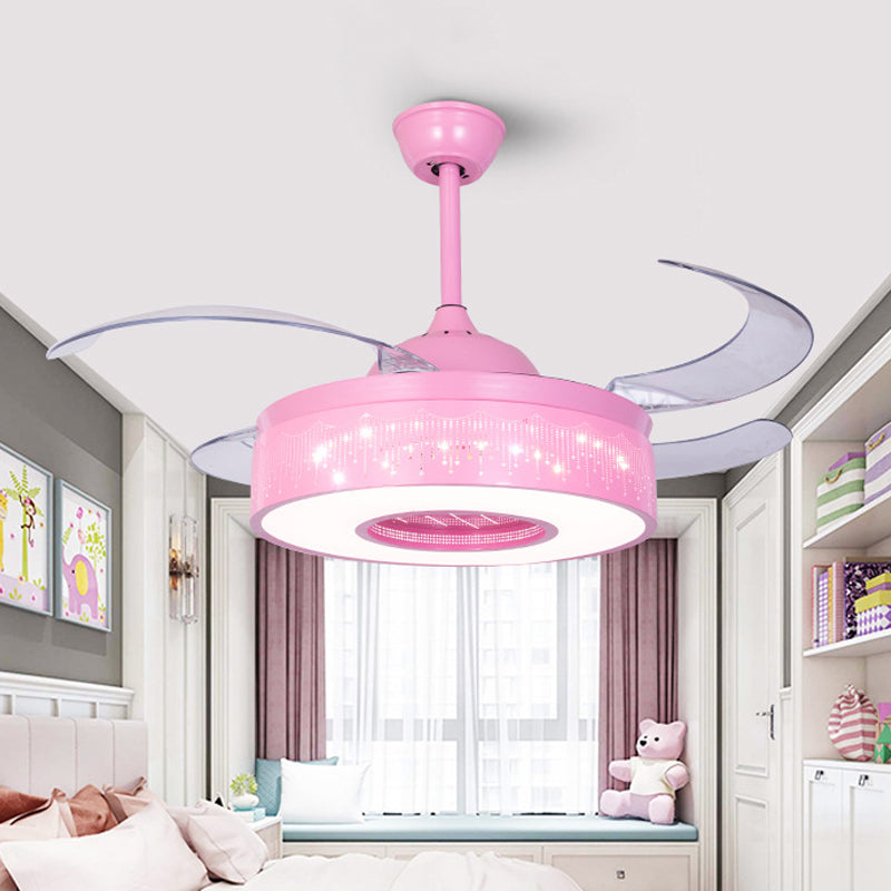 4 Blades Metallic Ring Semi Flush Lighting Modern 36" W LED Pendant Fan Lamp Fixture in Pink/Blue with Hollowed Out Design, Wall/Remote Control Clearhalo 'Ceiling Fans with Lights' 'Ceiling Fans' 'Kids Ceiling Fans' 'Kids' Lighting' 403774
