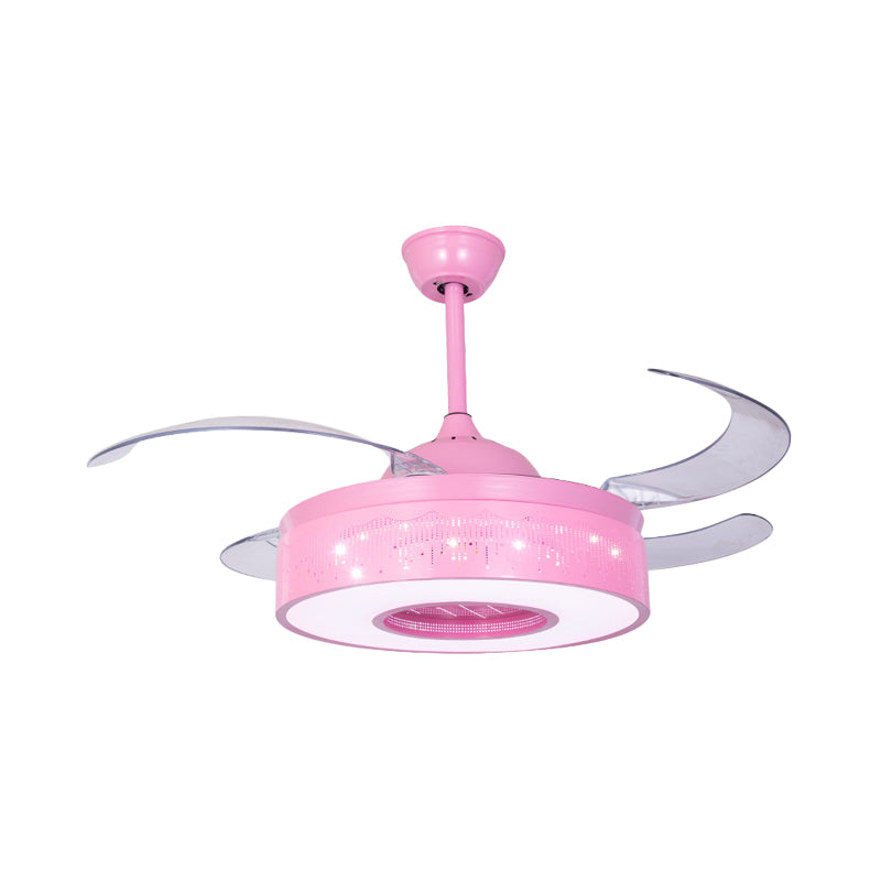 4 Blades Metallic Ring Semi Flush Lighting Modern 36" W LED Pendant Fan Lamp Fixture in Pink/Blue with Hollowed Out Design, Wall/Remote Control Clearhalo 'Ceiling Fans with Lights' 'Ceiling Fans' 'Kids Ceiling Fans' 'Kids' Lighting' 403775