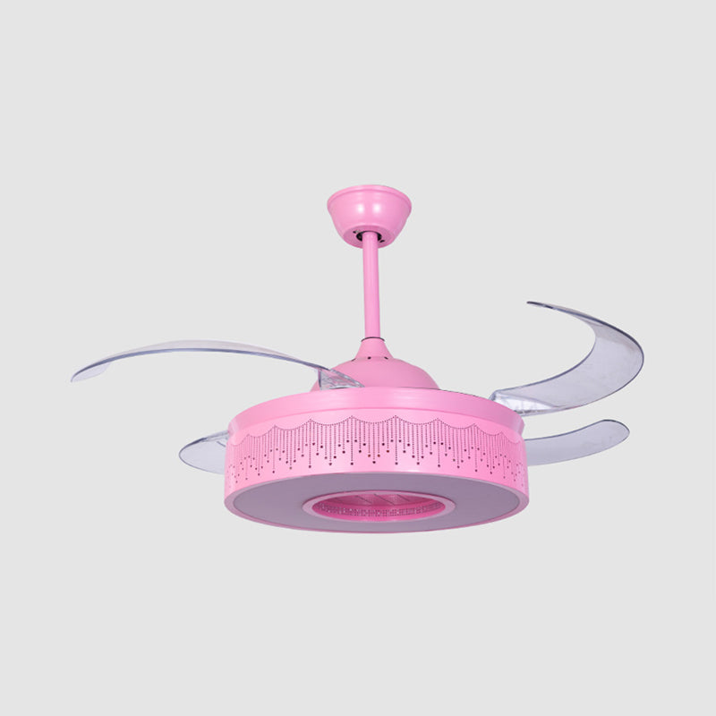 4 Blades Metallic Ring Semi Flush Lighting Modern 36" W LED Pendant Fan Lamp Fixture in Pink/Blue with Hollowed Out Design, Wall/Remote Control Clearhalo 'Ceiling Fans with Lights' 'Ceiling Fans' 'Kids Ceiling Fans' 'Kids' Lighting' 403776