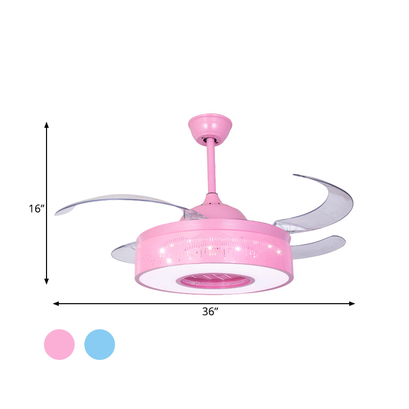 4 Blades Metallic Ring Semi Flush Lighting Modern 36" W LED Pendant Fan Lamp Fixture in Pink/Blue with Hollowed Out Design, Wall/Remote Control Clearhalo 'Ceiling Fans with Lights' 'Ceiling Fans' 'Kids Ceiling Fans' 'Kids' Lighting' 403777